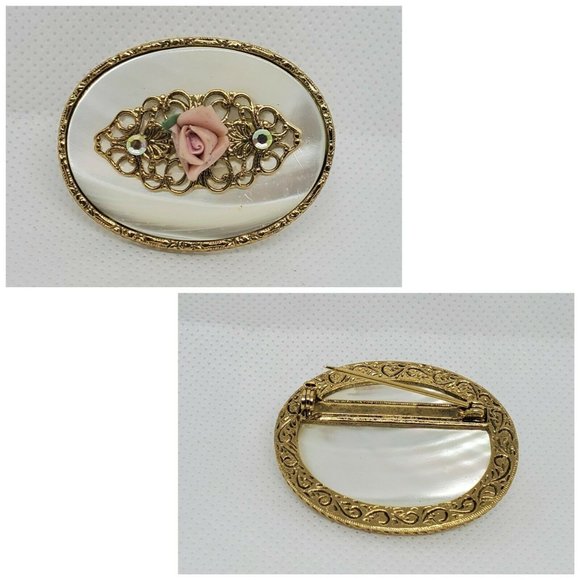 Pink Rose Marble Gold Tone 1.5" Pin Lapel Brooch - Picture 2 of 8